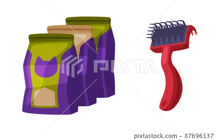 Pet animals food packaging and pet brush. Supplies for domestic animals set cartoon vector illustration Pet animals food packaging and pet brush. Supplies for domestic animals set cartoon vector illustration 87696137