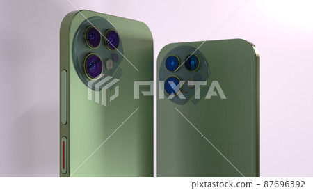 Close up view of digital camera lenses modules of two green colored metal smartphones, 3D model, 3D rendering 87696392