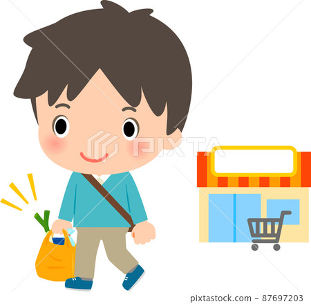 A man shopping at a supermarket and returning home 87697203