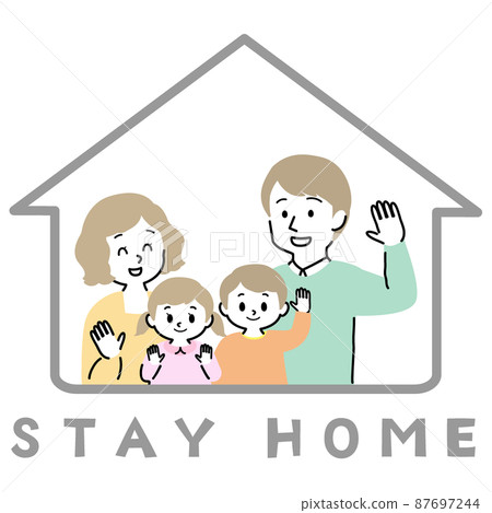 Illustration material: A young couple (simple) raising a male and female child who enjoys a stay home, a family of four Illustration material: A young couple (simple) raising a male and female child who enjoys a stay home, a family of four 87697244