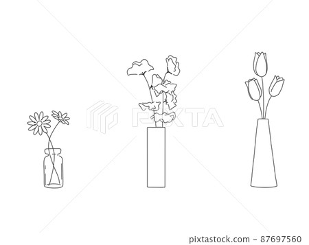 Hand-painted pen-style simple spring illustrations of tulips, sweet pea and marguerite in a vase 87697560