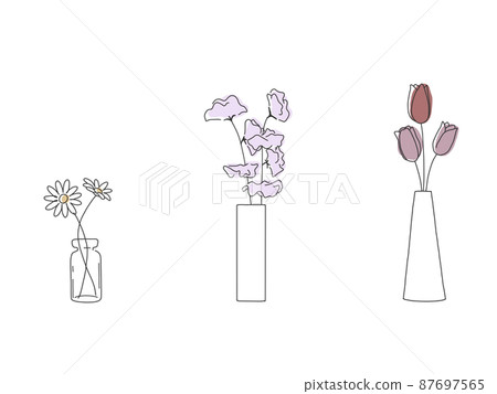 Hand-painted pen-style simple spring illustrations of tulips, sweet pea and marguerite in a vase Hand-painted pen-style simple spring illustrations of tulips, sweet pea and marguerite in a vase 87697565