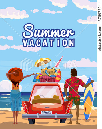 Couple on Summer Vacation, red car with luggage bags, surfboard on the beach. Tropical seachore, palms, sea, ocean, back view. Vector illustration retro cartoon Couple on Summer Vacation, red car with luggage bags, surfboard on the beach. Tropical seachore, palms, sea, ocean, back view. Vector illustration retro cartoon 87697704