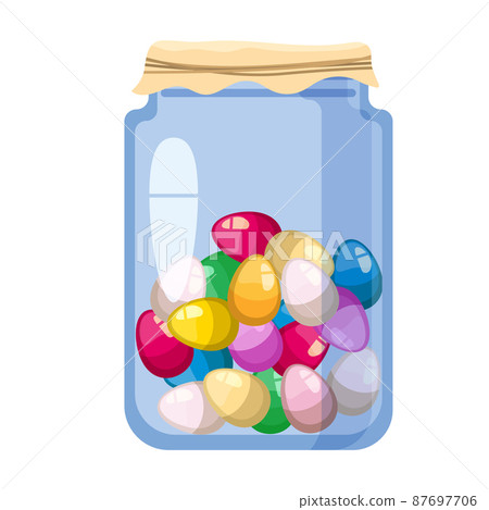 Easter glass jar with sweet candies decorated golden egg. Sweet food Easter glass jar with sweet candies decorated golden egg. Sweet food 87697706