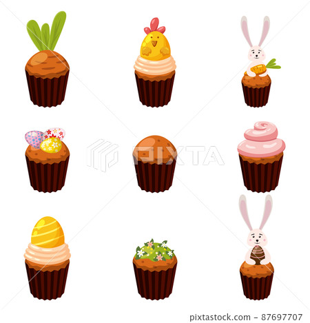 Set of Easter sweets eggs, cupcake, bird, bunny, candies, cake. Collection sweet food 87697707