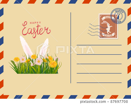 Easter envelope paper mail with a Easter Bunny ears, stamp, vintage. Vector illustration Easter envelope paper mail with a Easter Bunny ears, stamp, vintage. Vector illustration 87697708
