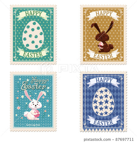 Collection of Easter postal stamps, bunnies, eggs, retro graphic. Vintage vector 87697711