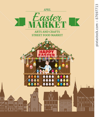 Easter Market poster, wooden stall decorated flowers, colored Easter eggs. Holiday City Spring Fair Square, Europe architecture background. Vector illustration Easter Market poster, wooden stall decorated flowers, colored Easter eggs. Holiday City Spring Fair Square, Europe architecture background. Vector illustration 87697713