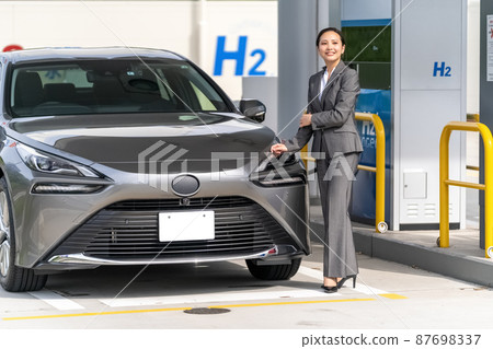 Hydrogen station business woman hydrogen fuel cell vehicle Hydrogen station business woman hydrogen fuel cell vehicle 87698337