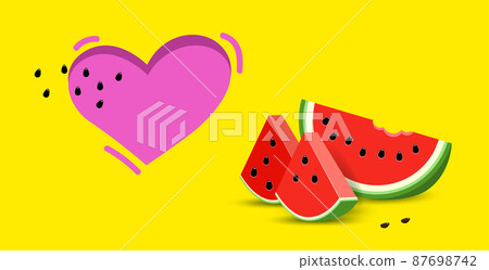 Realistic watermelon slices with seeds on a yellow background. 87698742