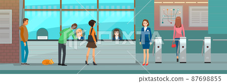 Passengers pass checkpoint, checkout in underground station. Railway station waiting hall 87698855