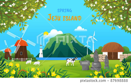 Beautiful spring season landscape. Harvest time at Jeju in Korea. Nature and architecture of island Beautiful spring season landscape. Harvest time at Jeju in Korea. Nature and architecture of island 87698888