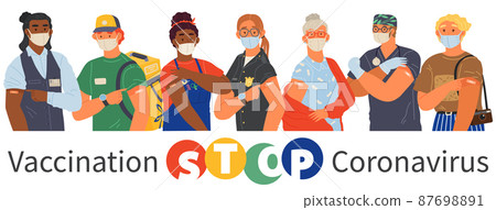 Stop coronavirus agitation concept. Vaccination promo, immunization of workers. Vaccine saves lives 87698891