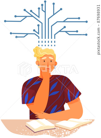 Male technician specialist thinks about microcircuit. Mental thinking and man with technical mindset Male technician specialist thinks about microcircuit. Mental thinking and man with technical mindset 87698931