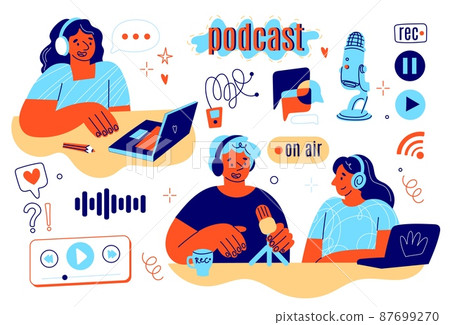 Podcast recording icons and people. Radio program participants in studio, audio show making, persons with headphone and microphone, online entertainment vector cartoon flat isolated set 87699270