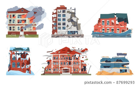 Disaster damages buildings. Different natural catastrophes, broken city destructive houses facades, earthquake, flood and frost, fire or war, broken postapocalypse architecture vector set 87699293