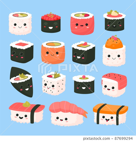 Cute sushi rolls. Kawaii funny japanese food characters, asian cuisine, cartoon cooking emoji, rice in nori seaweed with faces, mascot with happy emotions, stickers collection, vector set Cute sushi rolls. Kawaii funny japanese food characters, asian cuisine, cartoon cooking emoji, rice in nori seaweed with faces, mascot with happy emotions, stickers collection, vector set 87699294