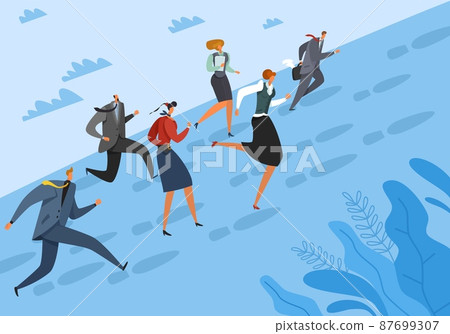 Completed business model. Along way, business team climbing uphill, implementation of plan and instructions, employee career development, men and women in suits vector cartoon flat concept 87699307
