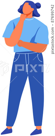 Pensive female character thinking and solving problems. Serious thoughtful woman with hand on chin Pensive female character thinking and solving problems. Serious thoughtful woman with hand on chin 87699742