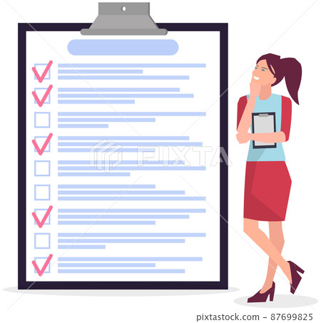 Woman stands near to do list and planning schedule. Plan fulfilled, task completed, timetable sheet 87699825