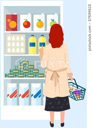 People make purchases, choose goods, buy products in supermarket, grocery store, shop with food 87699828