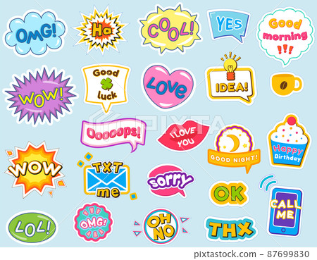 Fashion patches with words dialogue inscriptions, colorful sticker pack background pattern 87699830