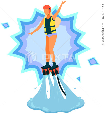 Girl in jet boots flies over water. Seaside leisure, beach and recreation, flyboarding concept 87699833
