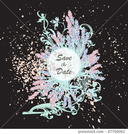 Hand drawn lavender flowers on black, abstract floral pattern cover design. Blossom greenery branches, trendy artistic background. Graphic vector illustration wedding, poster, greeting card, magazine 87700062