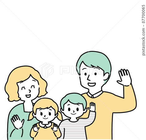 插圖素材：幸福的年輕夫婦撫養著在這裡揮手的男女孩子的一家四口（有主線/單色） 87700065