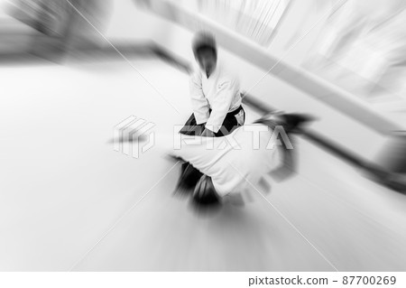 People practicing aikido in a dojo background. People practicing aikido in a dojo background. 87700269