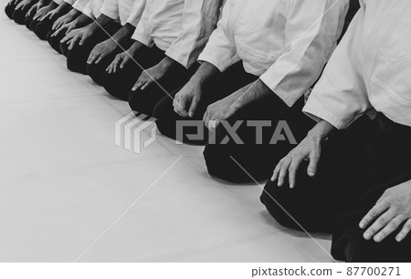 People practicing aikido in a dojo background. 87700271