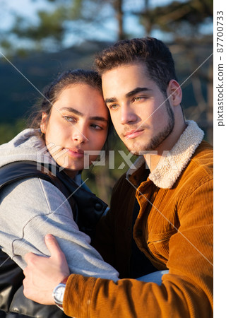 Loving couple of hikers in autumn Loving couple of hikers in autumn 87700733