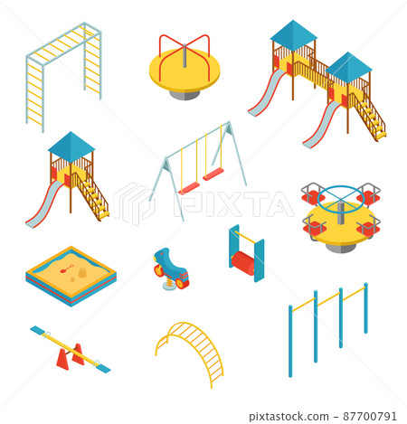 Set of isometric elements for kid playground on white background, vector illustration 87700791
