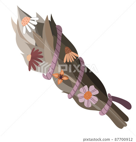 Green smudge bundle with wild flowers on white background Green smudge bundle with wild flowers on white background 87700912