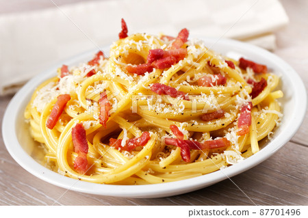 Traditional italian dish spaghetti carbonara with bacon in a cream sauce Traditional italian dish spaghetti carbonara with bacon in a cream sauce 87701496
