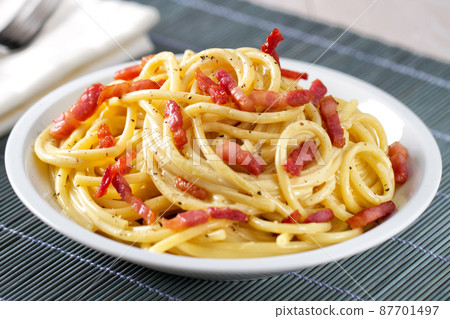 Traditional italian dish spaghetti carbonara with bacon in a cream sauce Traditional italian dish spaghetti carbonara with bacon in a cream sauce 87701497