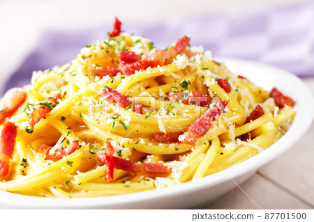 Traditional italian dish spaghetti carbonara with bacon in a cream sauce Traditional italian dish spaghetti carbonara with bacon in a cream sauce 87701500