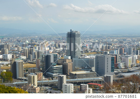 Kumamoto Station and Shinkansen from Mt. Hanaoka 87701681
