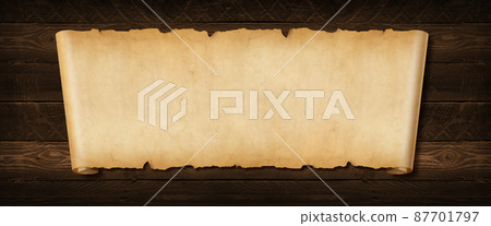 Old paper horizontal banner. Parchment scroll on a wood board 87701797