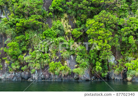 Milford Sound rock face in the rain seen from a cruise ship in Fiordland National Park, New Zealand Milford Sound rock face in the rain seen from a cruise ship in Fiordland National Park, New Zealand 87702340