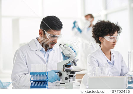 group of employees testing samples in the laboratory. group of employees testing samples in the laboratory. 87702436