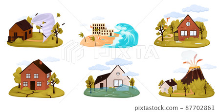 Natural disaster, catastrophe set of vector illustrations with tornado, blizzard, fire, tsunami isolated compositions with various kinds of elemental calamities and catastrophes vector illustration 87702861