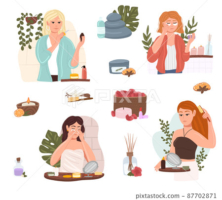 Beauty Girl Take Care of her Face and Applying Cosmetic Serum Oil. Women making facial massages, self care routine, moisturizing and hygiene, natural herbal products Beauty Girl Take Care of her Face and Applying Cosmetic Serum Oil. Women making facial massages, self care routine, moisturizing and hygiene, natural herbal products 87702871