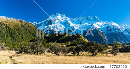 Mount Sefton seen from the Hooker Valley Track in Aoraki Mount Cook National Park, New Zealand Mount Sefton seen from the Hooker Valley Track in Aoraki Mount Cook National Park, New Zealand 87702910