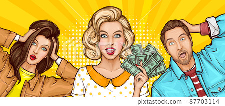 Pop art surprised man and women with money cash 87703114
