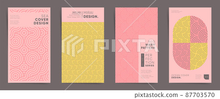 Geometric asian design vertical template set. Japanese wavy line art graphic layout for stories, brochure cover, post, flyer, leaflet, background. Decorative pink sakura elegant pattern backdrops 87703570