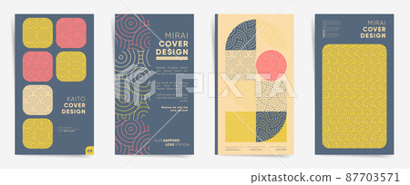 Geometric asian design vertical template set. Japanese bauhaus line art graphic layout for stories, brochure cover, post, flyer, leaflet, background. Decorative retro minimalism pattern backdrops. 87703571
