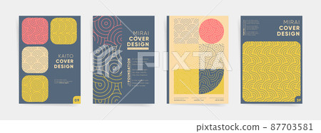 Geometric asian design template set. Japanese wavy graphic layouts bundle  for poster, brochure, book cover, flyer, catalog, notebook, vertical background. Decorative fashion bauhaus geometry kit. 87703581