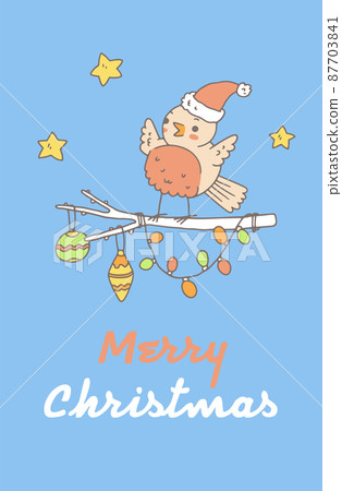 Christmas greeting card with cute bullfinch or robin on decorated branch - cartoon vector illustration. 87703841