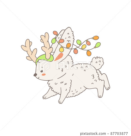 Christmas cute bunny with deer horns, doodle vector illustration isolated. Christmas cute bunny with deer horns, doodle vector illustration isolated. 87703877